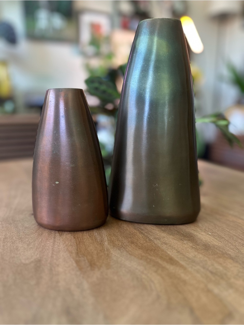 Pier 1 Metallic Iridescent Bronze Green Tapered Ceramic Vase Set of 2